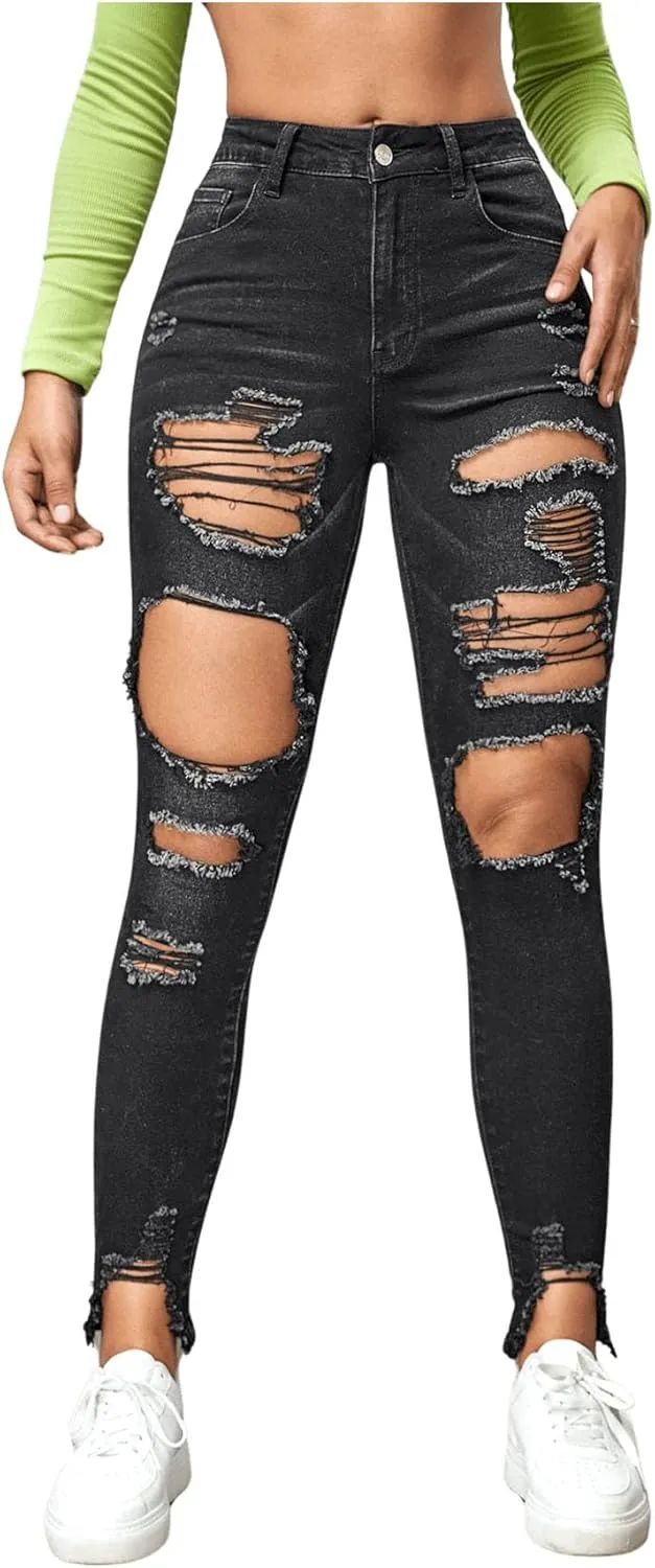 WDIRARA Women's High Waisted Ripped Raw Hem Skinny Jeans Distressed Cut Out Pants