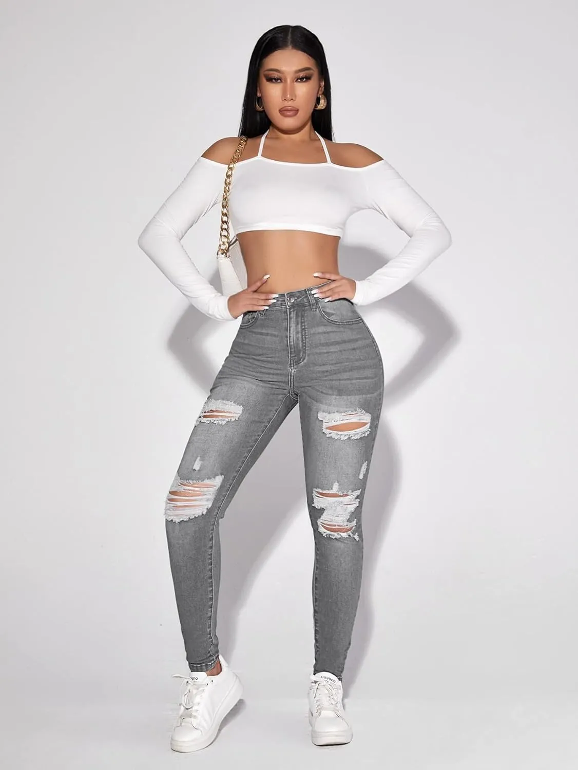 WDIRARA Women's High Waisted Ripped Raw Hem Skinny Jeans Distressed Cut Out Pants