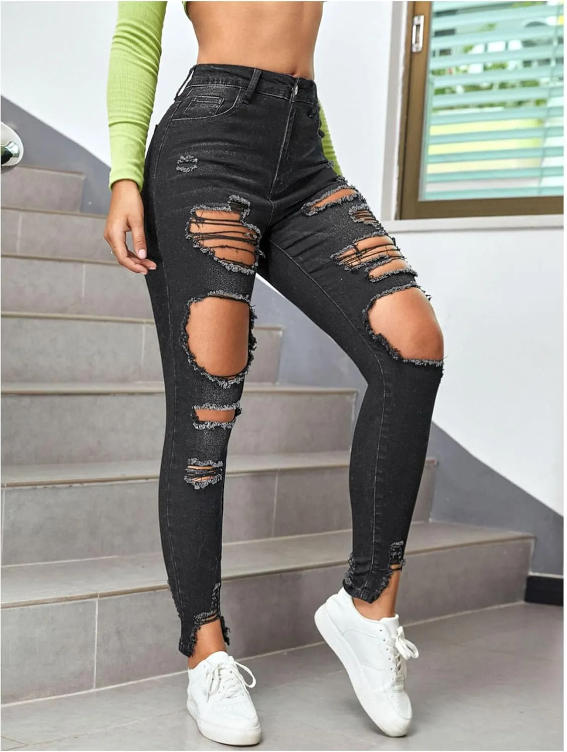 WDIRARA Women's High Waisted Ripped Raw Hem Skinny Jeans Distressed Cut Out Pants