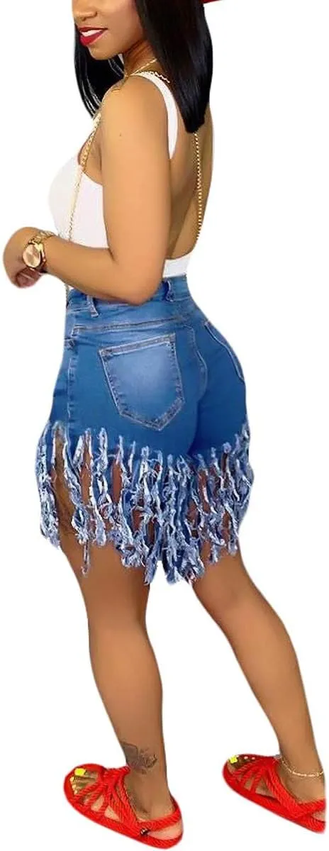 Weigou Women Denim Shorts High Waisted Tassels Summer Stretchy Frayed Raw Hem Short Jeans Clubwear Jeans Short