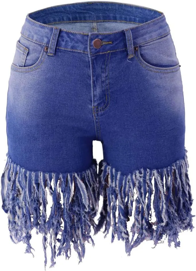 Weigou Women Denim Shorts High Waisted Tassels Summer Stretchy Frayed Raw Hem Short Jeans Clubwear Jeans Short