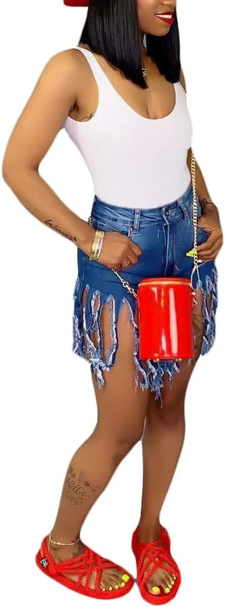 Weigou Women Denim Shorts High Waisted Tassels Summer Stretchy Frayed Raw Hem Short Jeans Clubwear Jeans Short