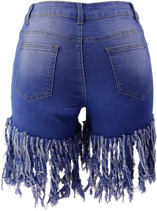 Weigou Women Denim Shorts High Waisted Tassels Summer Stretchy Frayed Raw Hem Short Jeans Clubwear Jeans Short