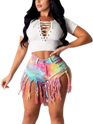 Weigou Women Denim Shorts High Waisted Tassels Summer Stretchy Frayed Raw Hem Short Jeans Clubwear Jeans Short