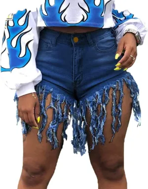 Weigou Women Denim Shorts High Waisted Tassels Summer Stretchy Frayed Raw Hem Short Jeans Clubwear Jeans Short