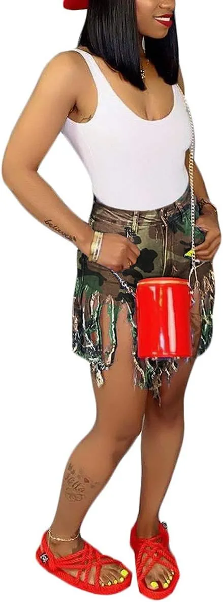 Weigou Women Denim Shorts High Waisted Tassels Summer Stretchy Frayed Raw Hem Short Jeans Clubwear Jeans Short