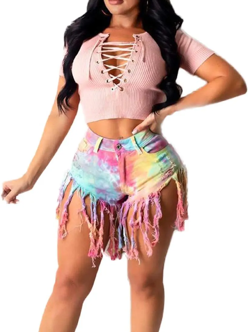 Weigou Women Denim Shorts High Waisted Tassels Summer Stretchy Frayed Raw Hem Short Jeans Clubwear Jeans Short