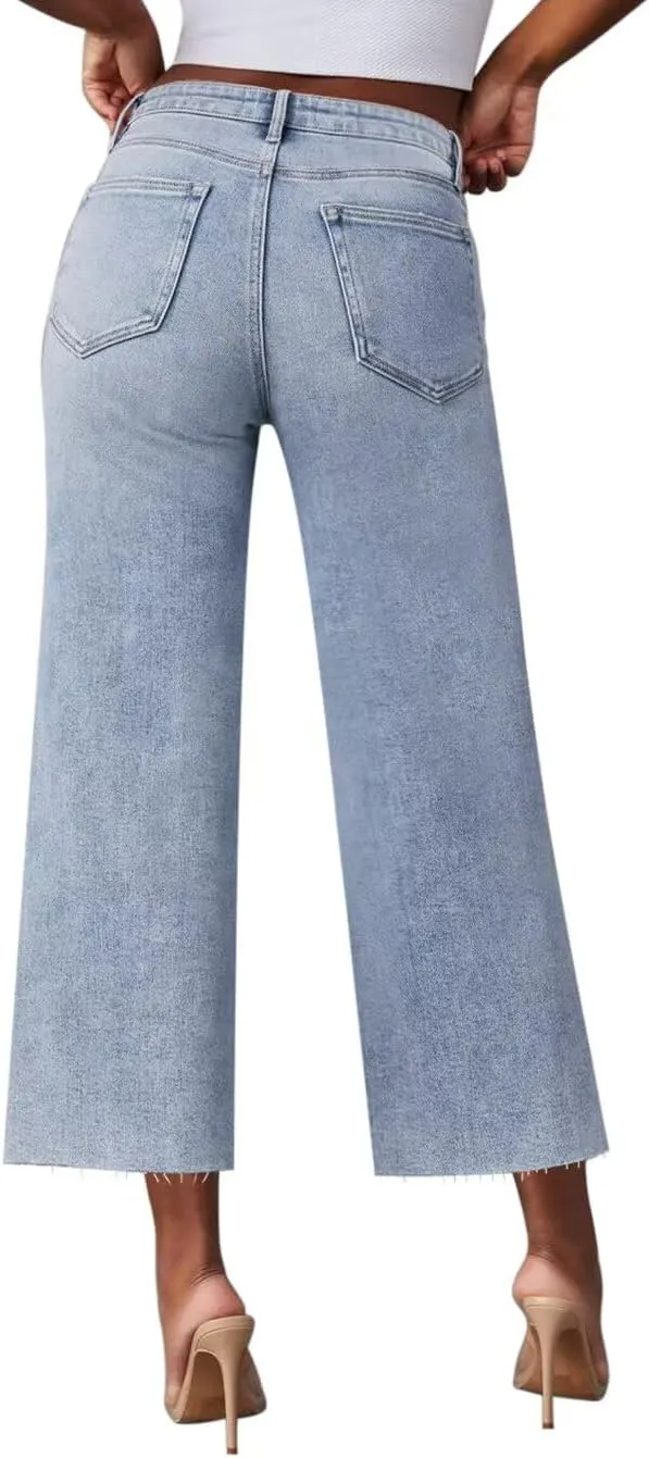 Wide Leg Jeans Woman Straight Leg Jeans for Women Stretchy High Waisted Crop Capri Woman Jeans with Raw Hem
