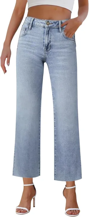 Wide Leg Jeans Woman Straight Leg Jeans for Women Stretchy High Waisted Crop Capri Woman Jeans with Raw Hem