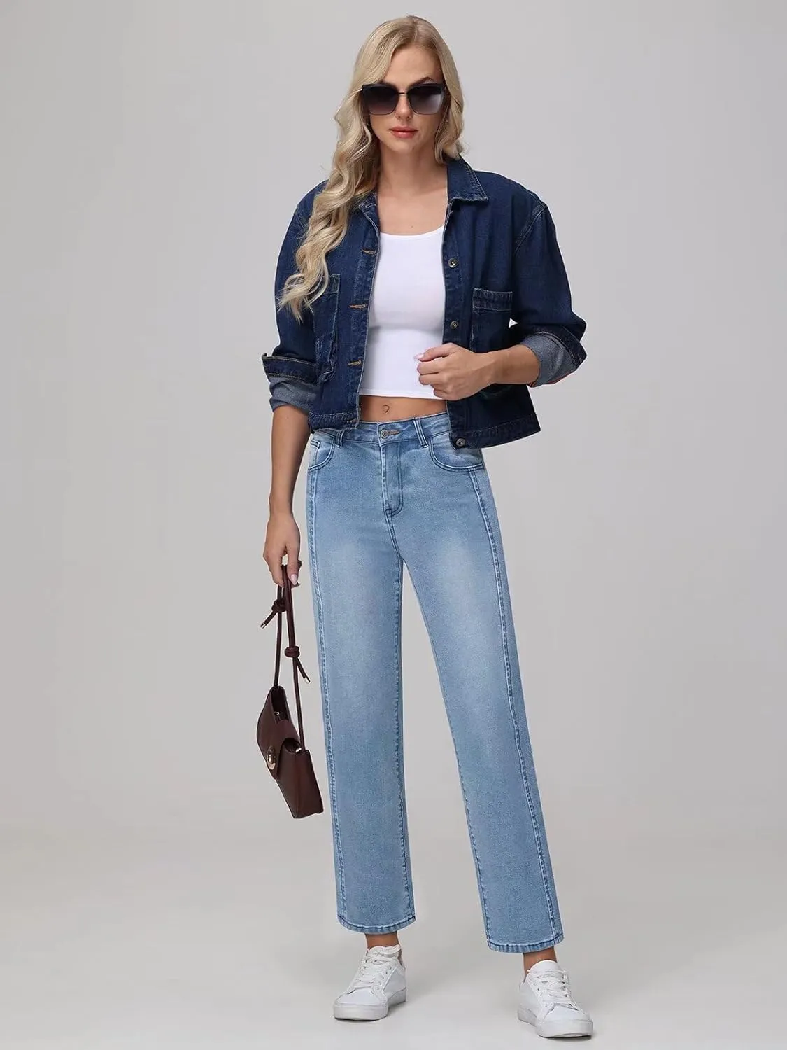 Wide Leg Jeans Woman Straight Leg Jeans for Women Stretchy High Waisted Crop Capri Woman Jeans with Raw Hem