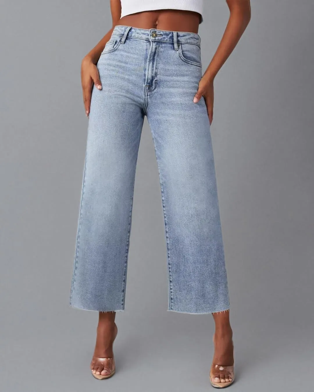 Wide Leg Jeans Woman Straight Leg Jeans for Women Stretchy High Waisted Crop Capri Woman Jeans with Raw Hem
