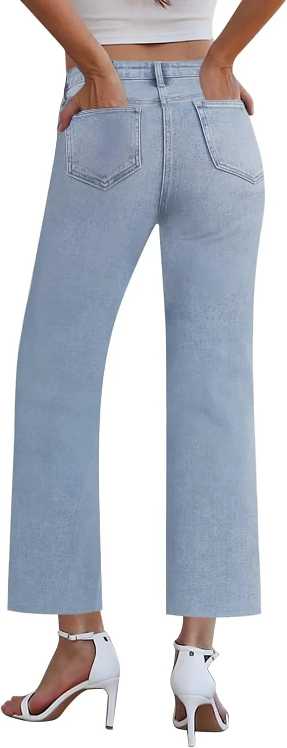 Wide Leg Jeans Woman Straight Leg Jeans for Women Stretchy High Waisted Crop Capri Woman Jeans with Raw Hem