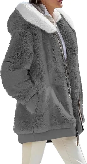 Winter Coats for Women 2024 Zip up Long Sleeve Casual Warm Fuzzy Hooded Jackets Loose Fit Soft Comfy Coats