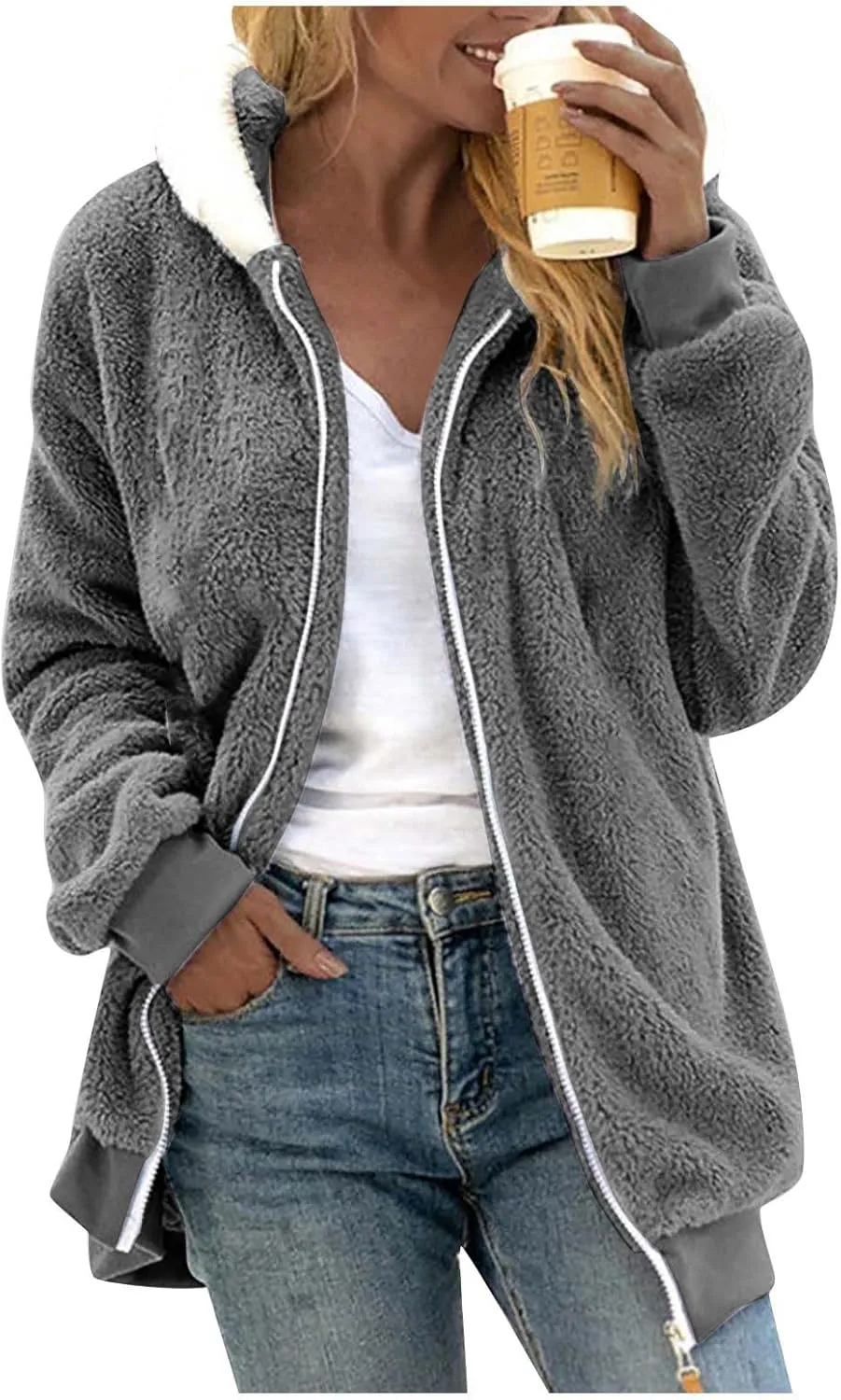 Winter Coats for Women 2024 Zip up Long Sleeve Casual Warm Fuzzy Hooded Jackets Loose Fit Soft Comfy Coats