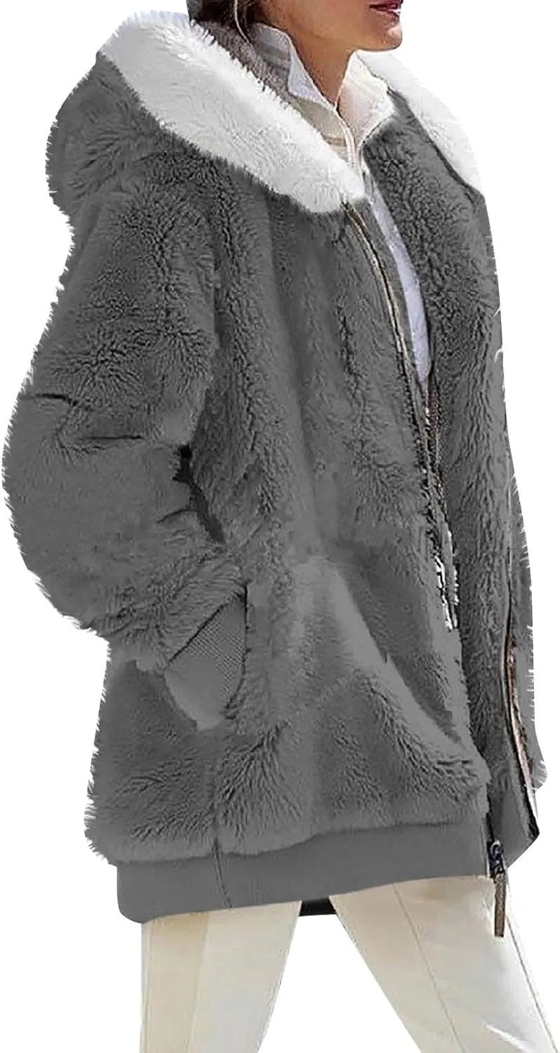 Winter Coats for Women 2024 Zip up Long Sleeve Casual Warm Fuzzy Hooded Jackets Loose Fit Soft Comfy Coats