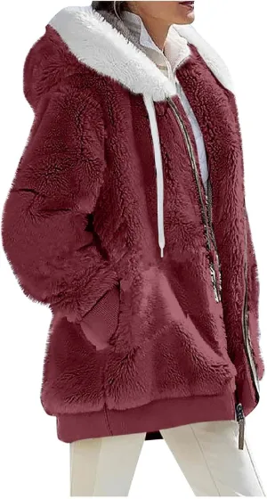Winter Coats for Women Fuzzy Fleece Jacket Zipper Hooded Color Block Patchwork Cardigan Sherpa Outerwear with Pocket