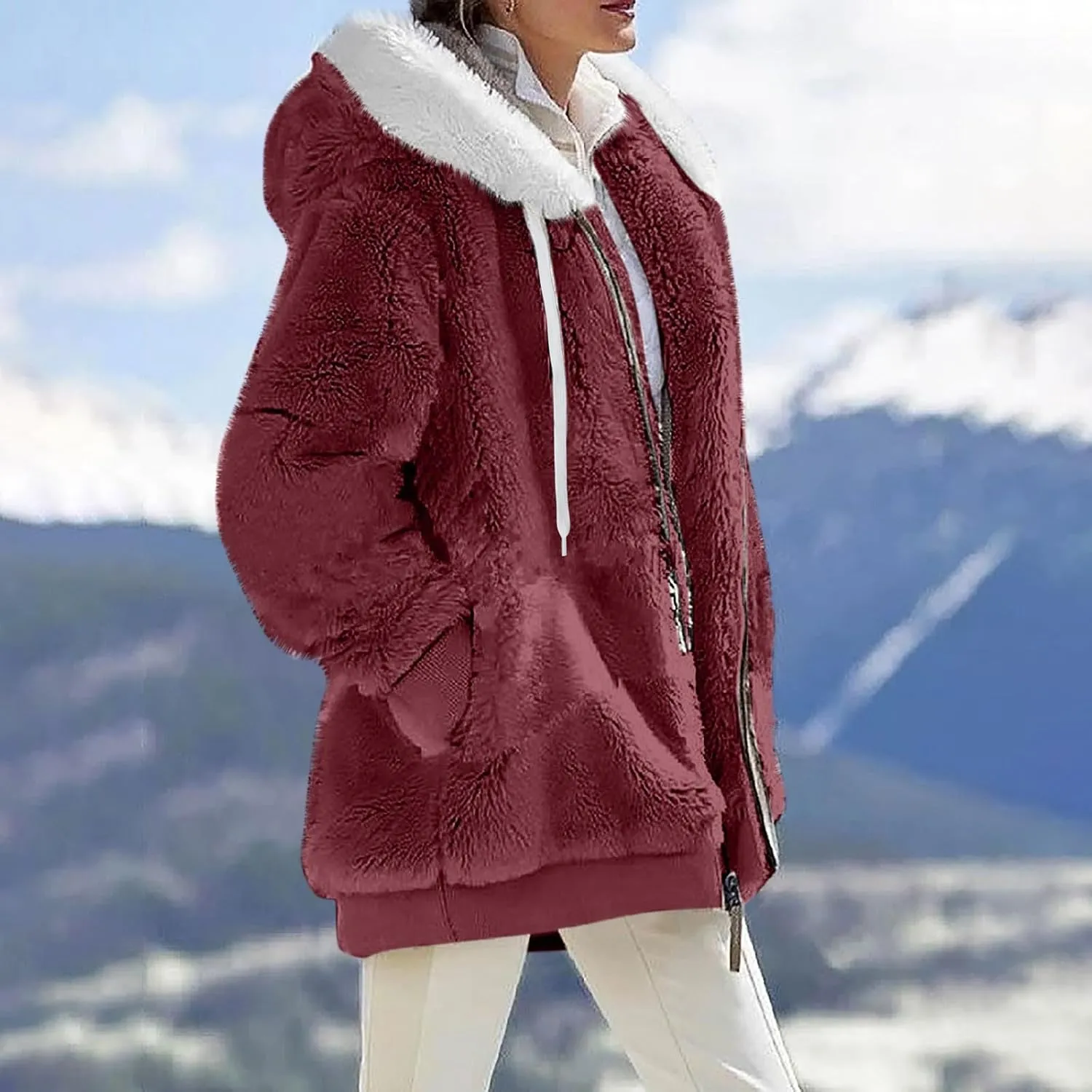 Winter Coats for Women Fuzzy Fleece Jacket Zipper Hooded Color Block Patchwork Cardigan Sherpa Outerwear with Pocket
