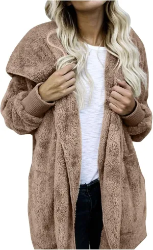 Winter Coats for Women Fuzzy Jacket Long Sleeve Sherpa Coat Open Front Hooded Cardigan Teddy Bear Coats with Pocket