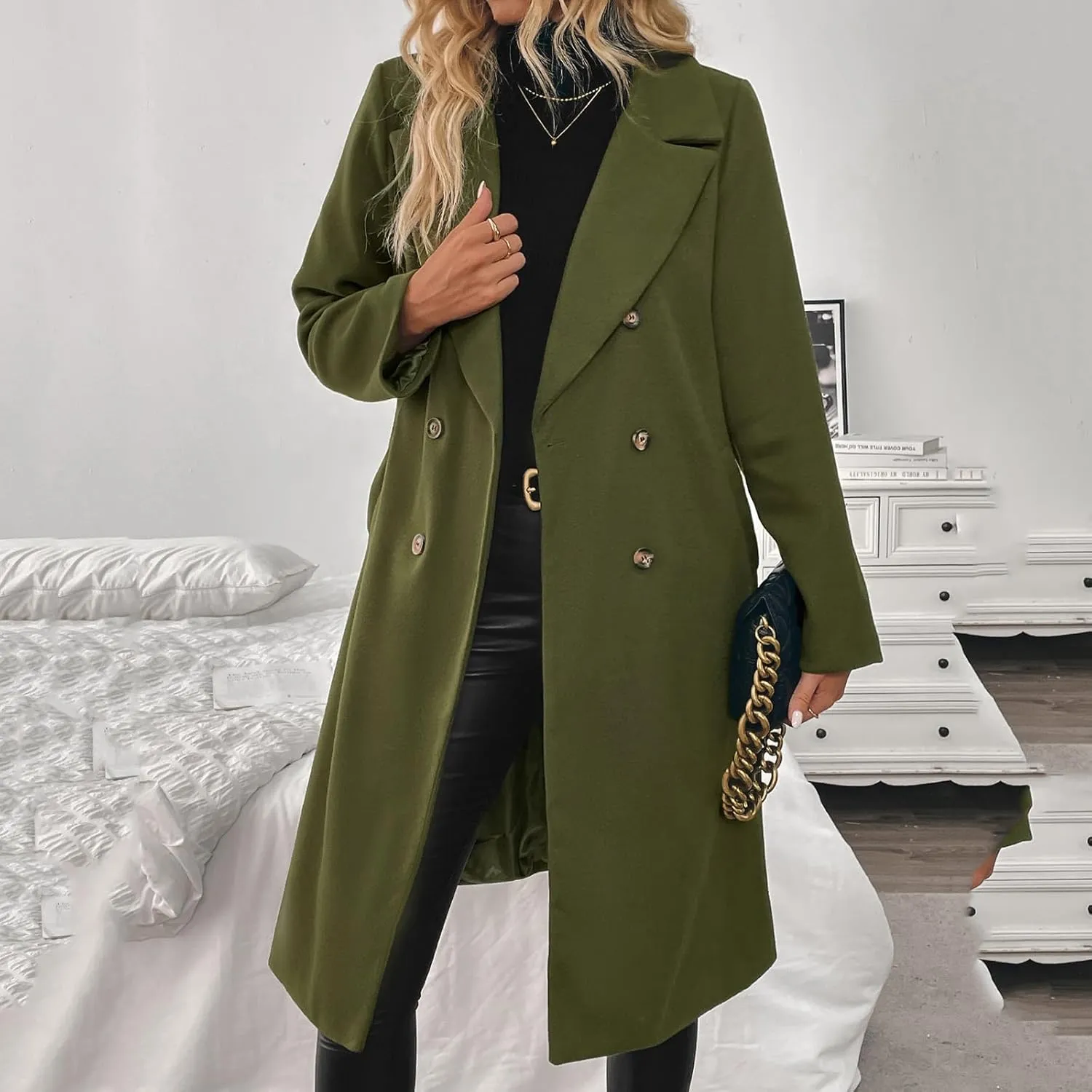 Winter Coats for Women Pea Coat Casual Business Long Trench Coat Notched Collar Double Breasted Wool Blend Over Coat
