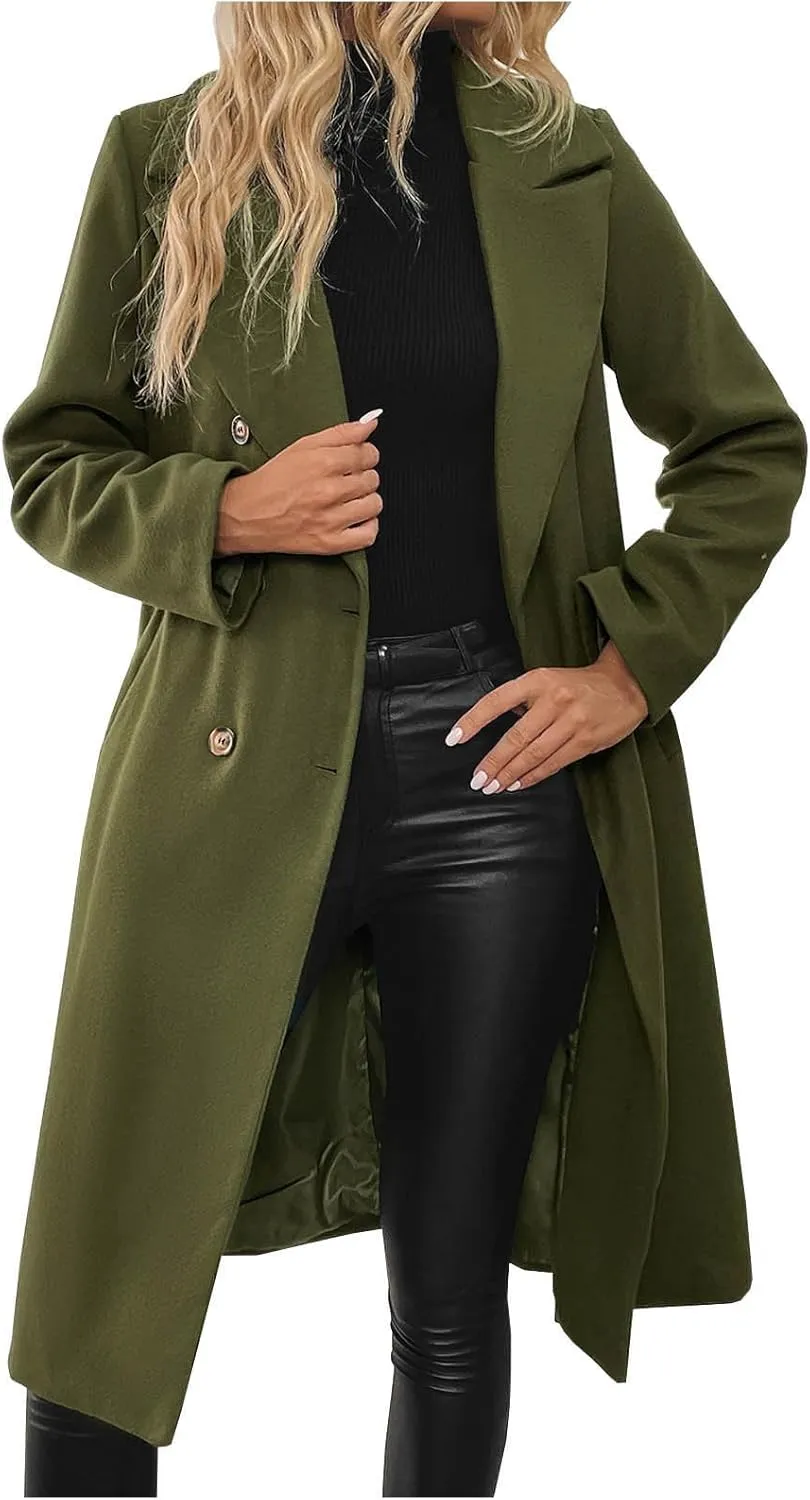 Winter Coats for Women Pea Coat Casual Business Long Trench Coat Notched Collar Double Breasted Wool Blend Over Coat