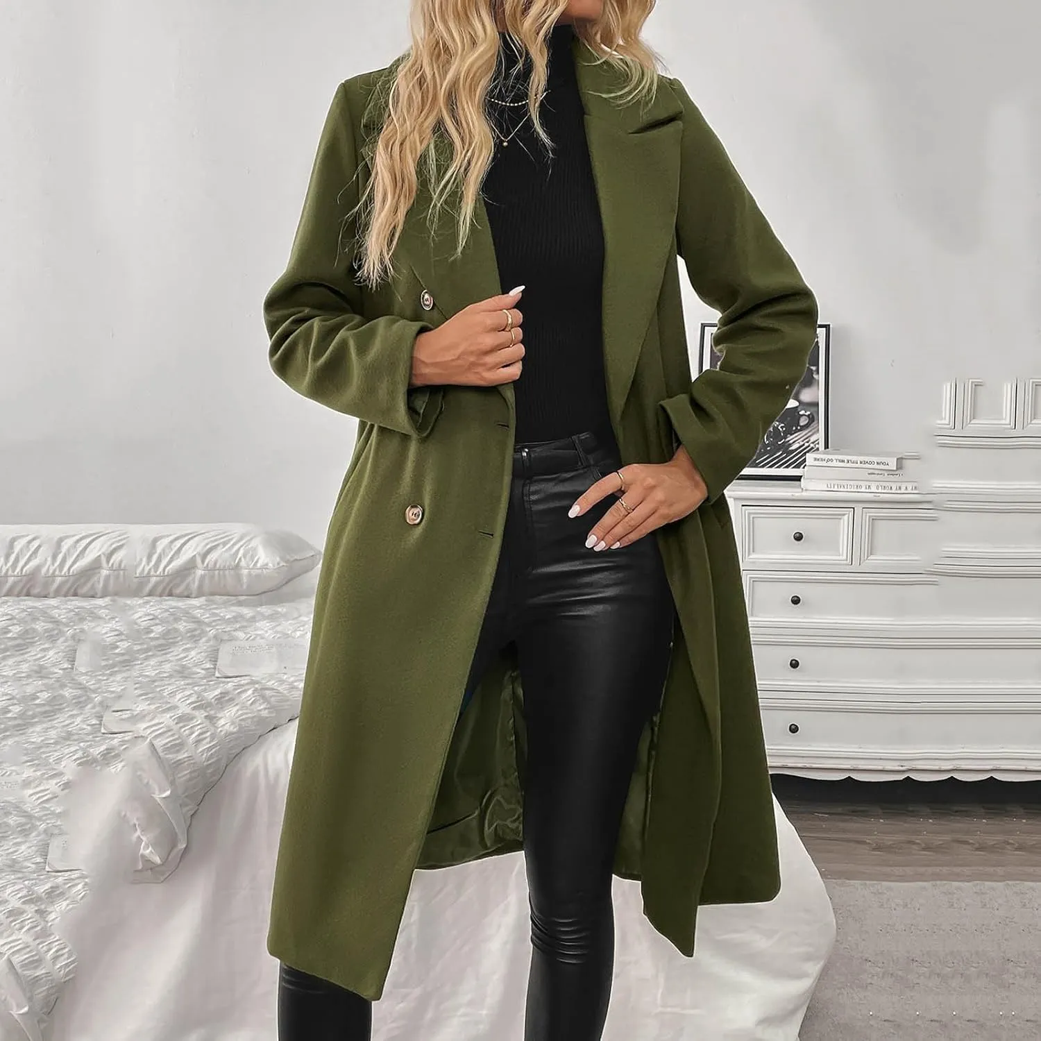 Winter Coats for Women Pea Coat Casual Business Long Trench Coat Notched Collar Double Breasted Wool Blend Over Coat
