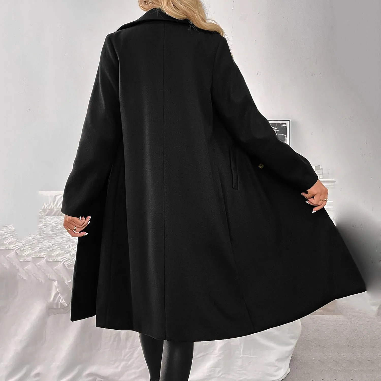 Winter Coats for Women Pea Coat Casual Business Long Trench Coat Notched Collar Double Breasted Wool Blend Over Coat