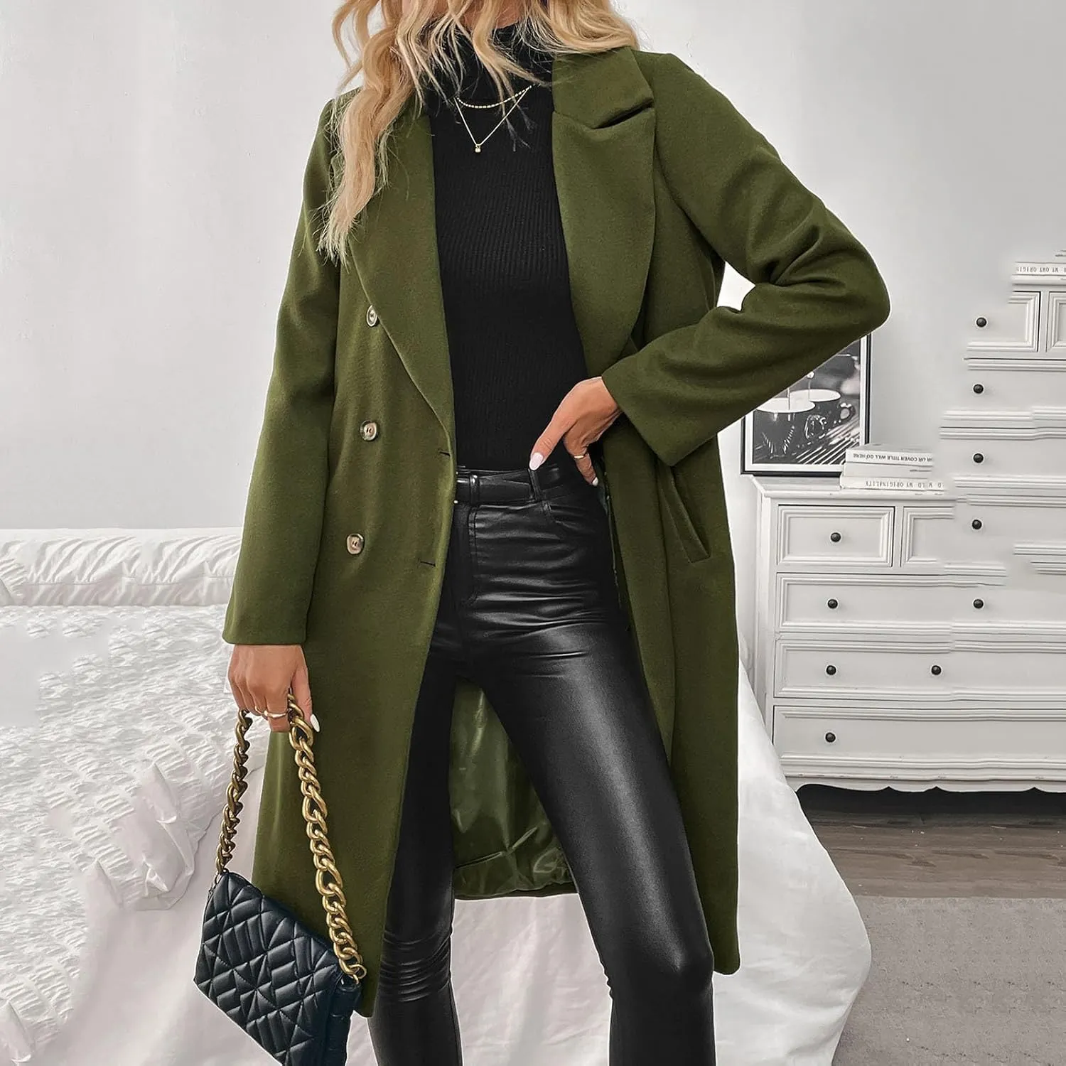 Winter Coats for Women Pea Coat Casual Business Long Trench Coat Notched Collar Double Breasted Wool Blend Over Coat