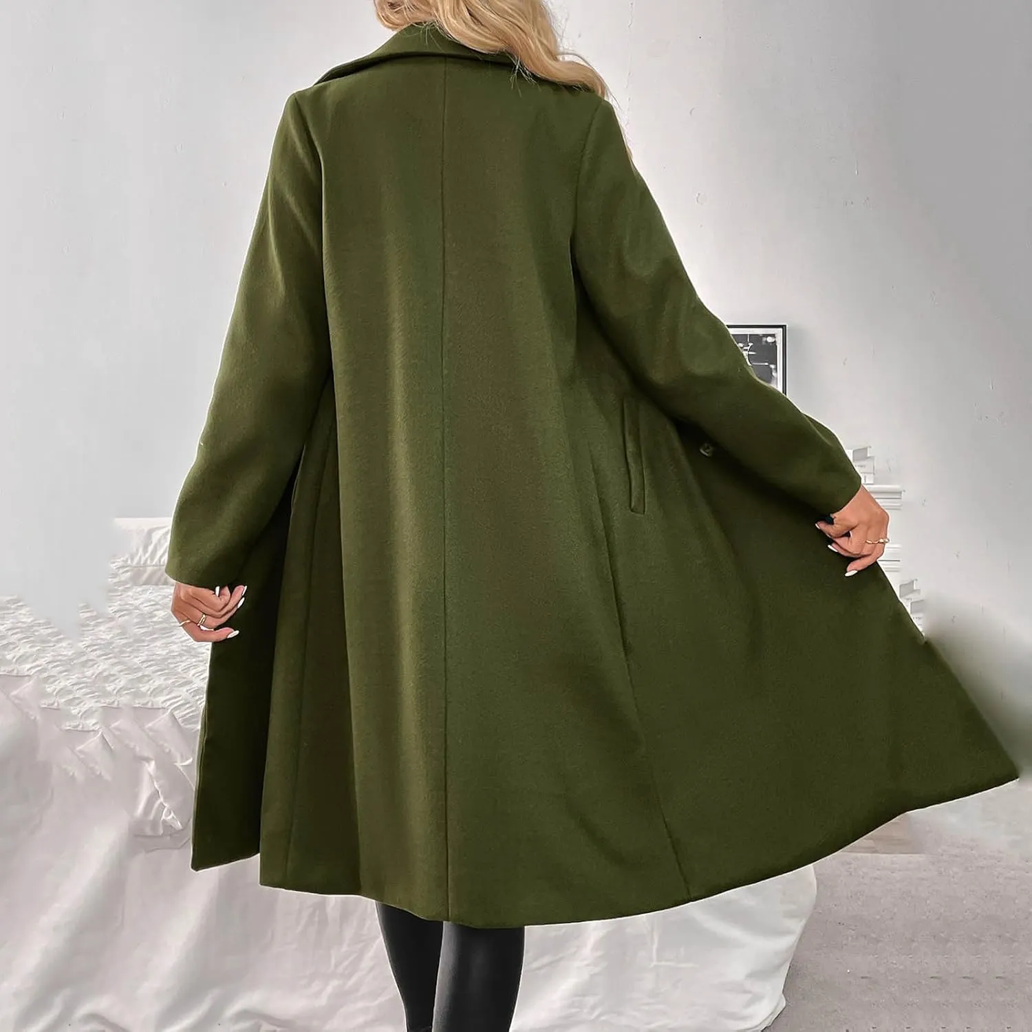 Winter Coats for Women Pea Coat Casual Business Long Trench Coat Notched Collar Double Breasted Wool Blend Over Coat