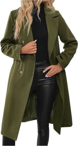Winter Coats for Women Pea Coat Casual Business Long Trench Coat Notched Collar Double Breasted Wool Blend Over Coat