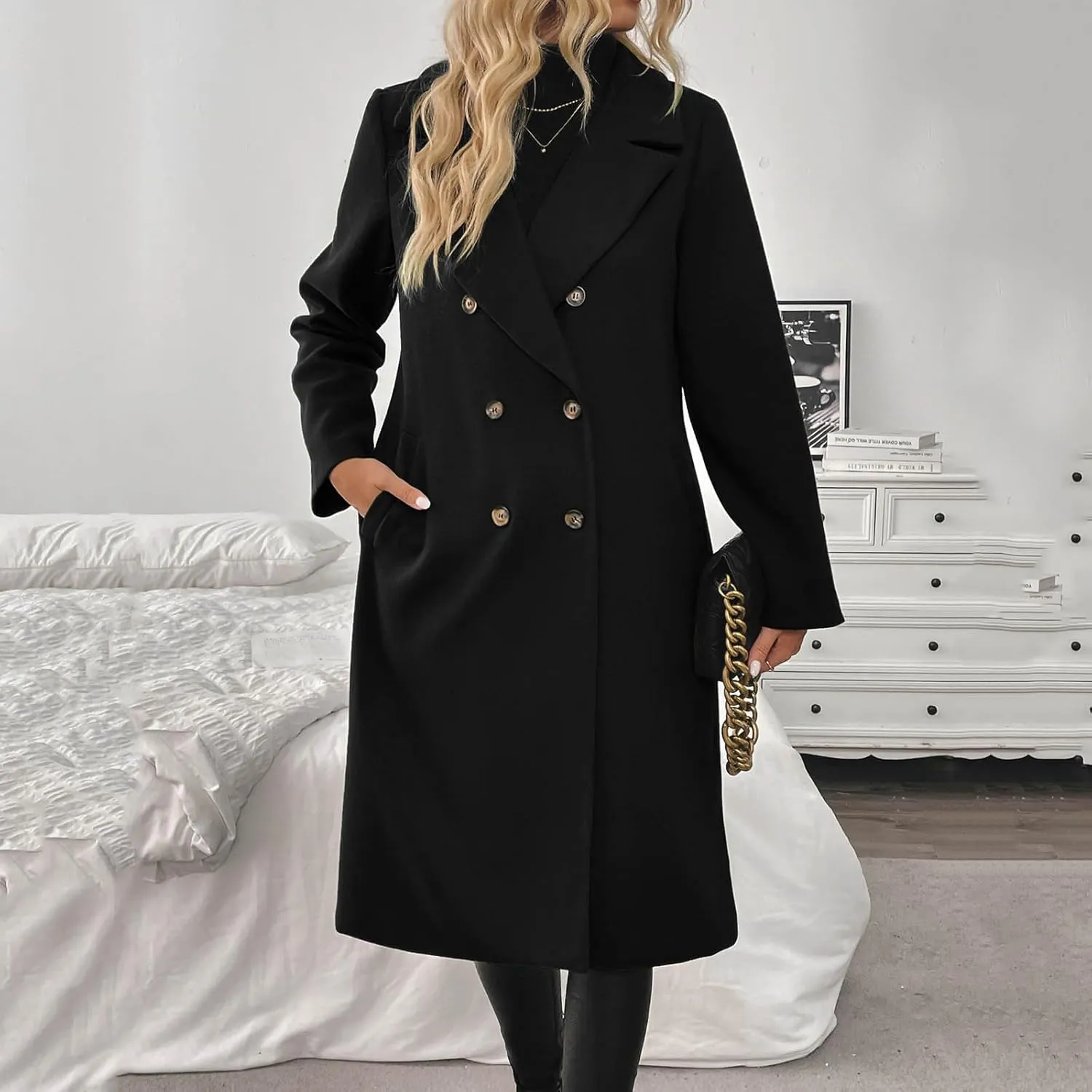 Winter Coats for Women Pea Coat Casual Business Long Trench Coat Notched Collar Double Breasted Wool Blend Over Coat
