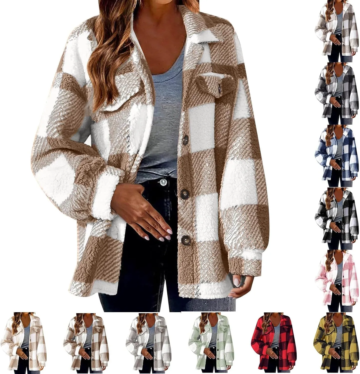 Winter Coats for Women Sherpa Fleece Plaid Hooded Button Up Fuzzy Open Front Jackets Trendy Plush Fluffy Warm Outwear