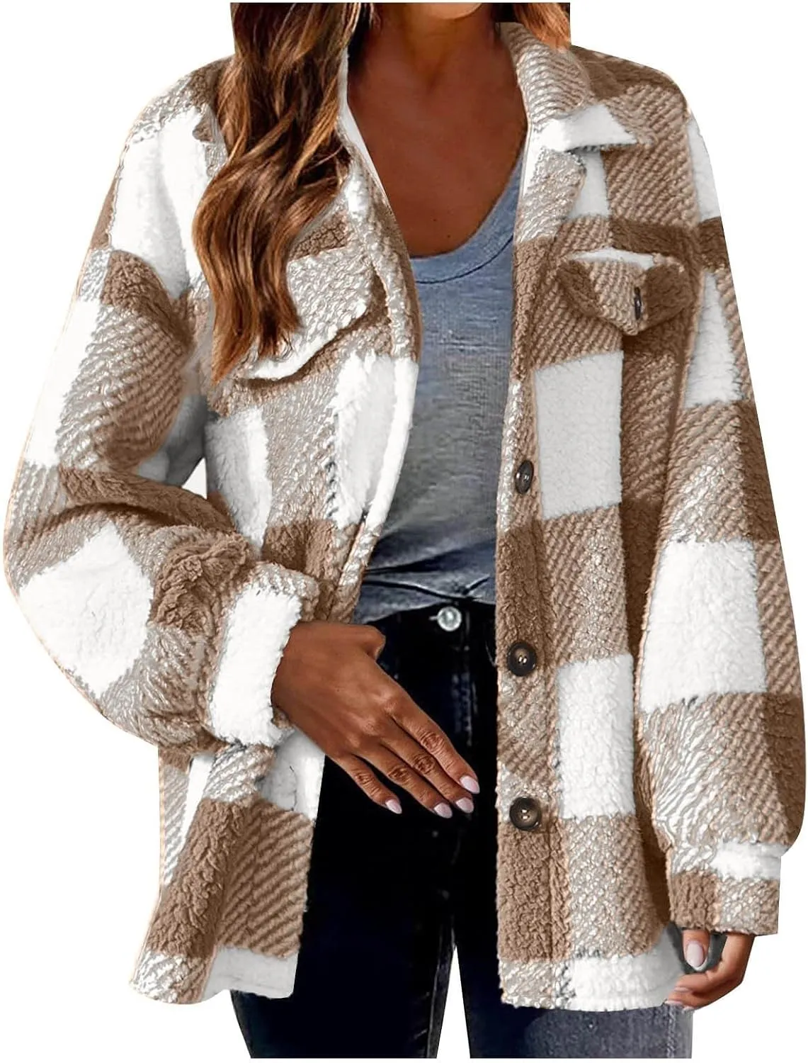 Winter Coats for Women Sherpa Fleece Plaid Hooded Button Up Fuzzy Open Front Jackets Trendy Plush Fluffy Warm Outwear