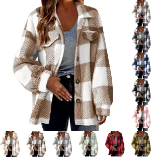 Winter Coats for Women Sherpa Fleece Plaid Hooded Button Up Fuzzy Open Front Jackets Trendy Plush Fluffy Warm Outwear
