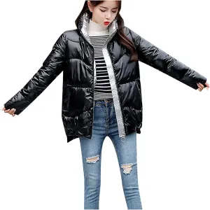 Wkishenl Women's Winter Long Sleeve Zip Puffer Jacket Stand Collar Baggy Down Coats Windproof Warm Outwear with Pockets