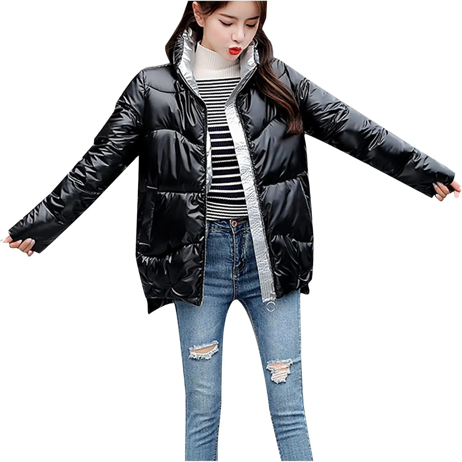 Wkishenl Women's Winter Long Sleeve Zip Puffer Jacket Stand Collar Baggy Down Coats Windproof Warm Outwear with Pockets