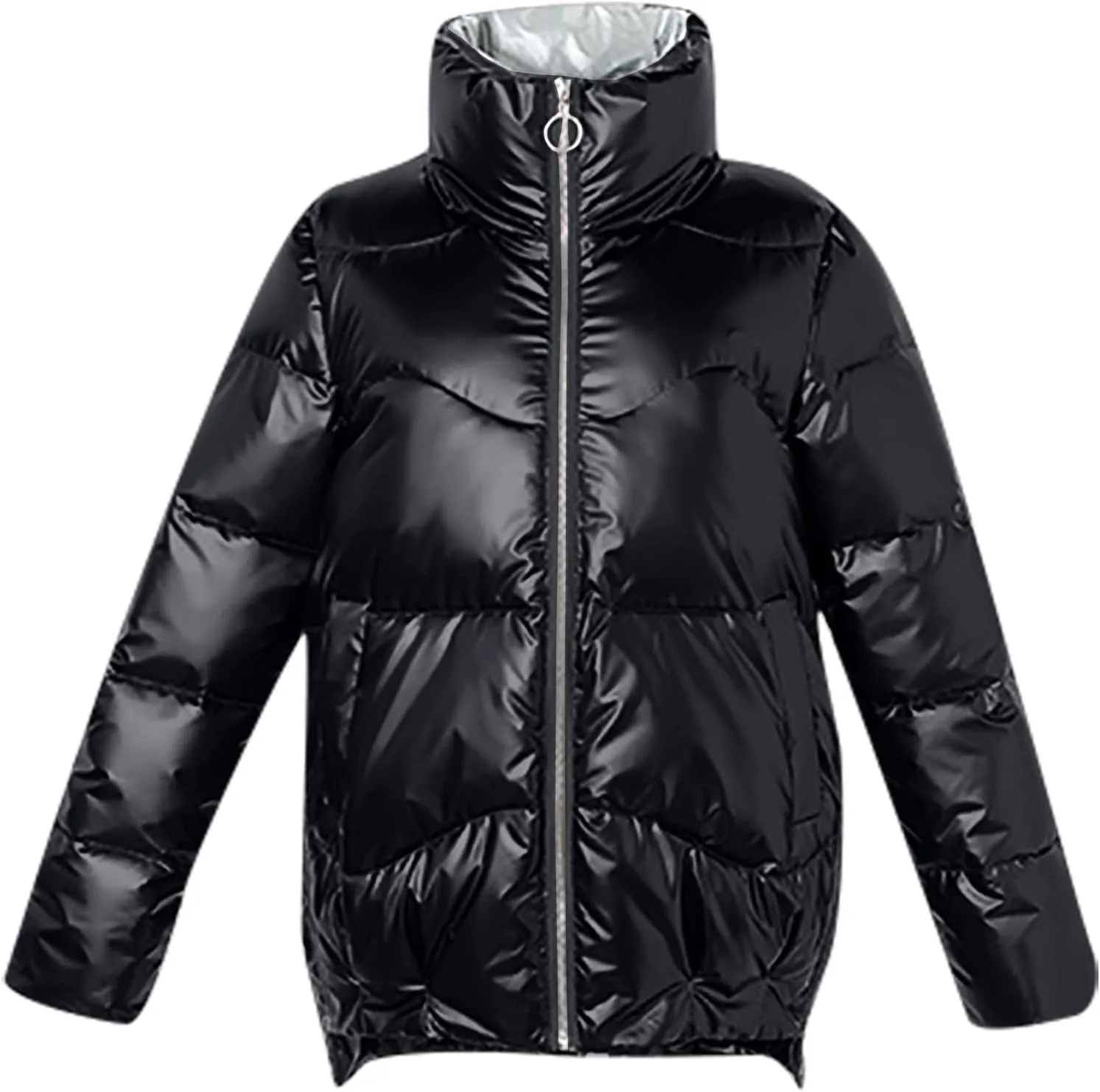 Wkishenl Women's Winter Long Sleeve Zip Puffer Jacket Stand Collar Baggy Down Coats Windproof Warm Outwear with Pockets