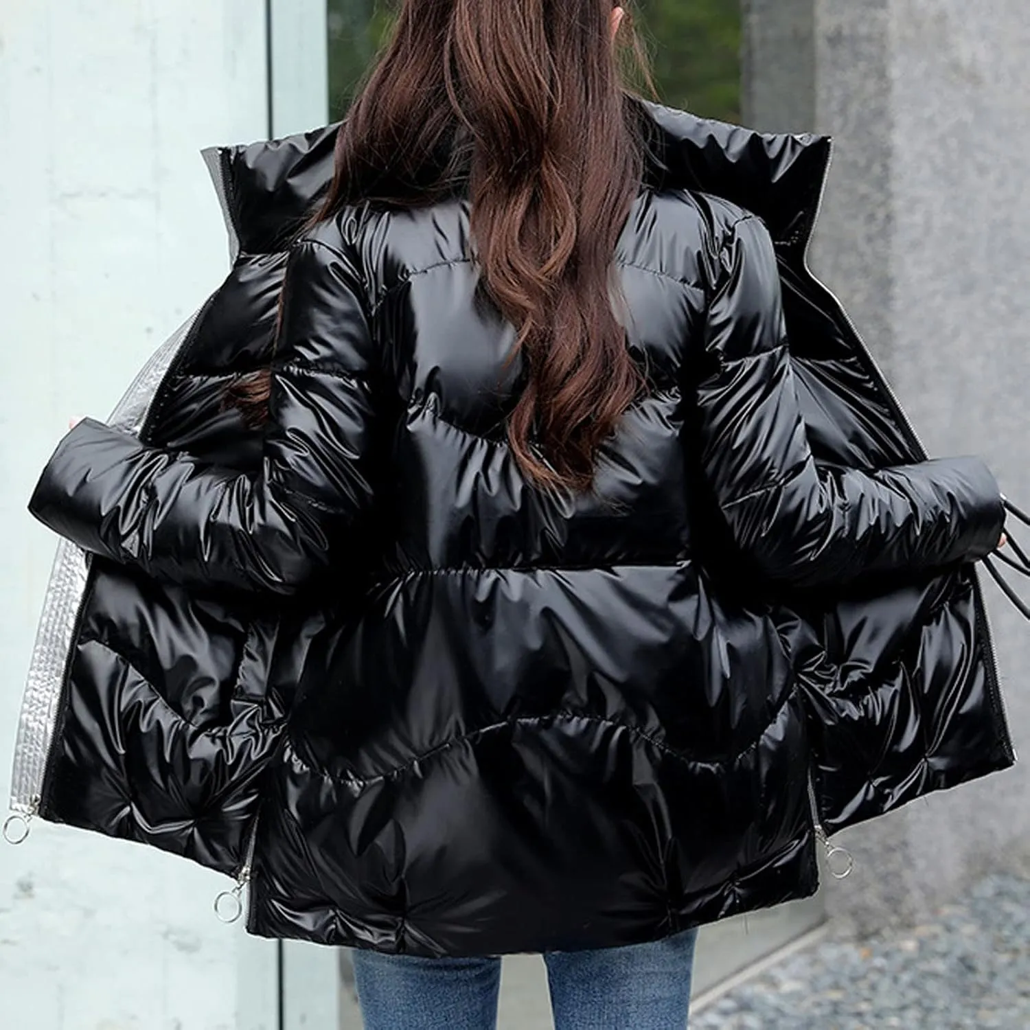 Wkishenl Women's Winter Long Sleeve Zip Puffer Jacket Stand Collar Baggy Down Coats Windproof Warm Outwear with Pockets