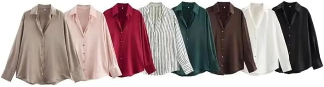 Woman Silk Textured Shirt Slim Turn Down Collar Blouses