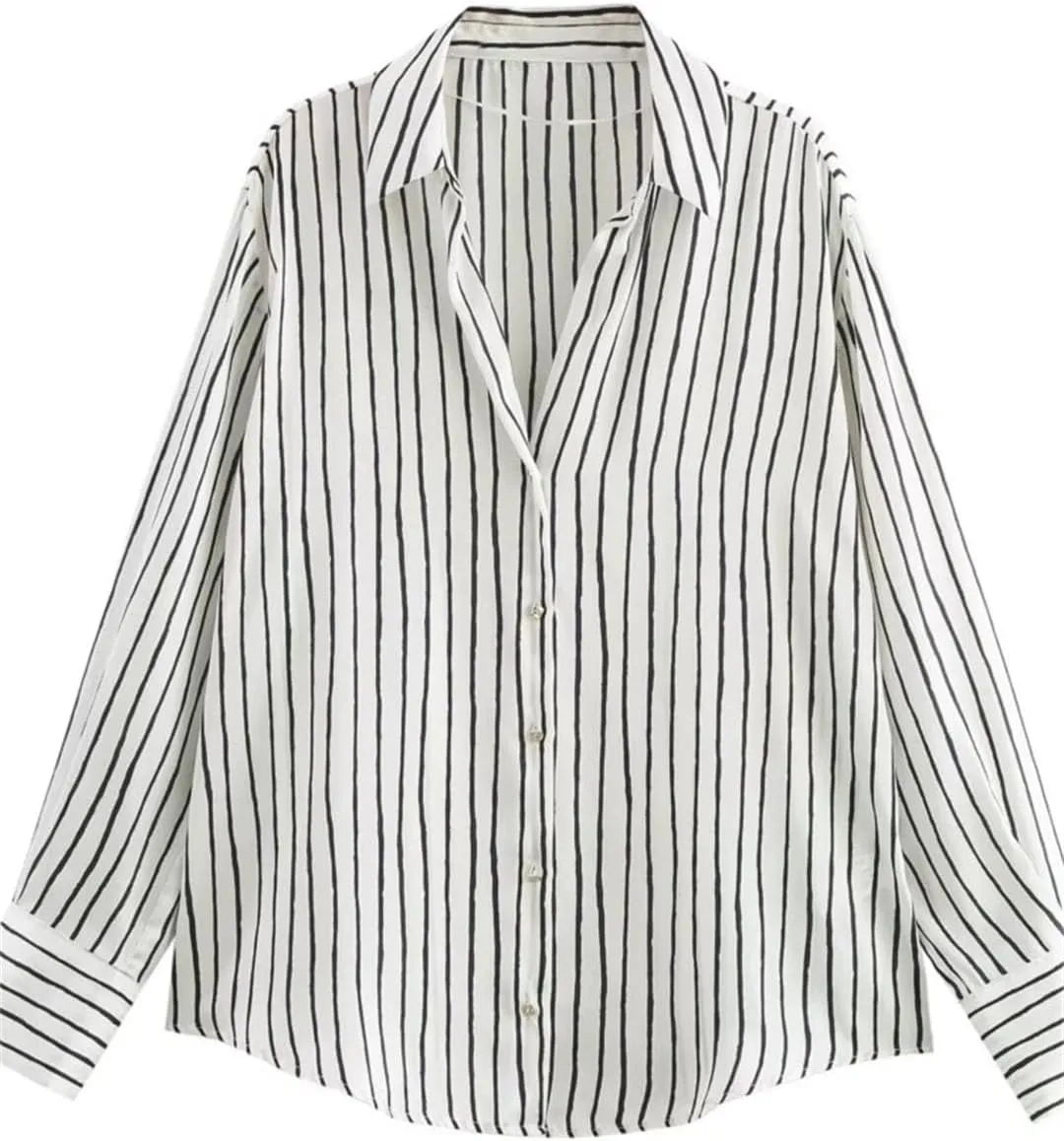 Woman Silk Textured Shirt Slim Turn Down Collar Blouses