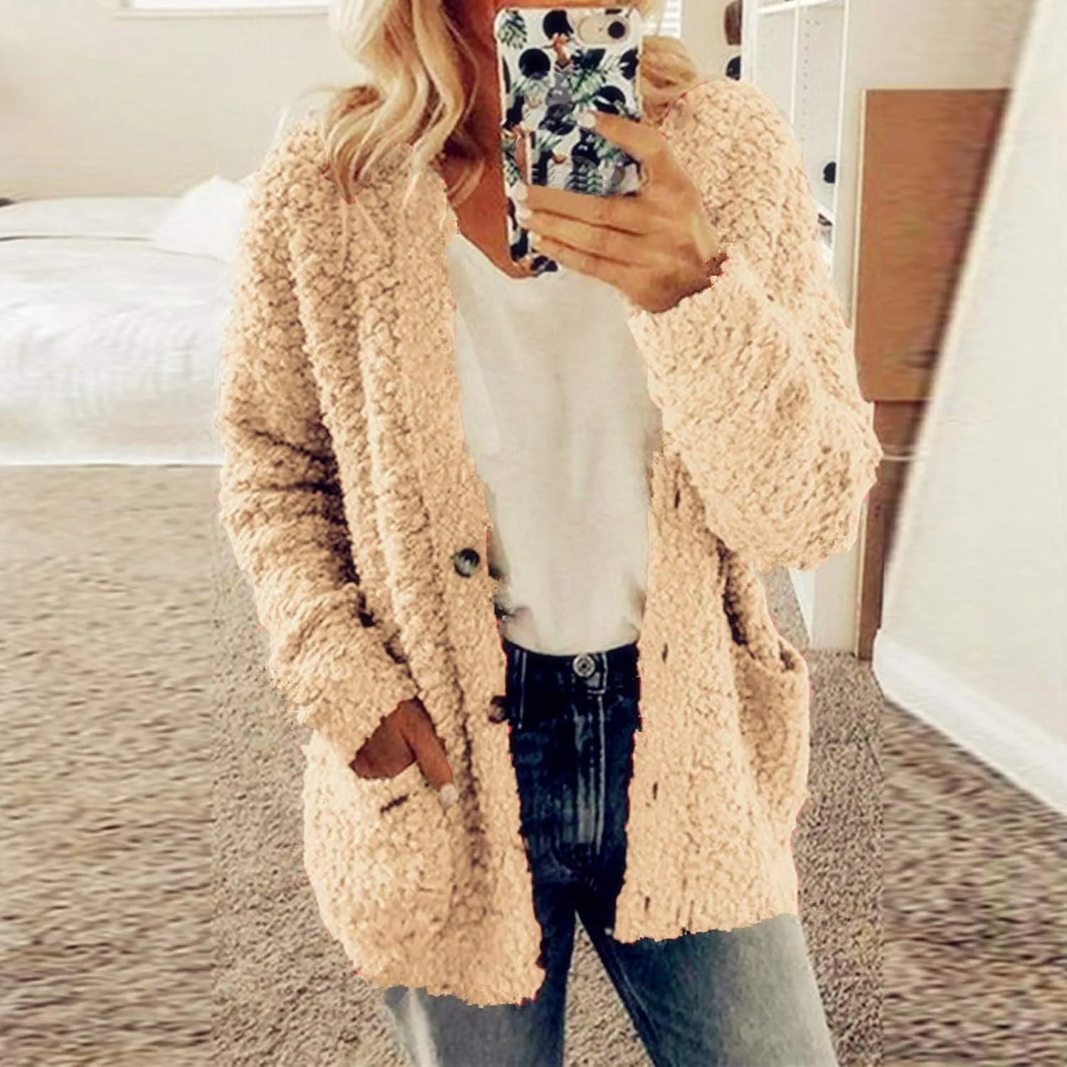 Women 2024 Winter Faux Fur Crop Coat Lapel Long Sleeve Fuzzy Fleece Outerwear Button Down Sherpa Jackets Fall Outfits