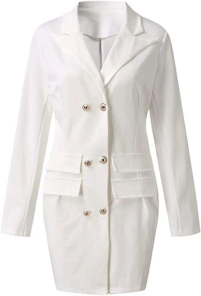 Women Blazer Dress Long Sleeve Notch Lapel Sexy Elegant Formal Suit Jackets Double Breasted Button Business Coat
