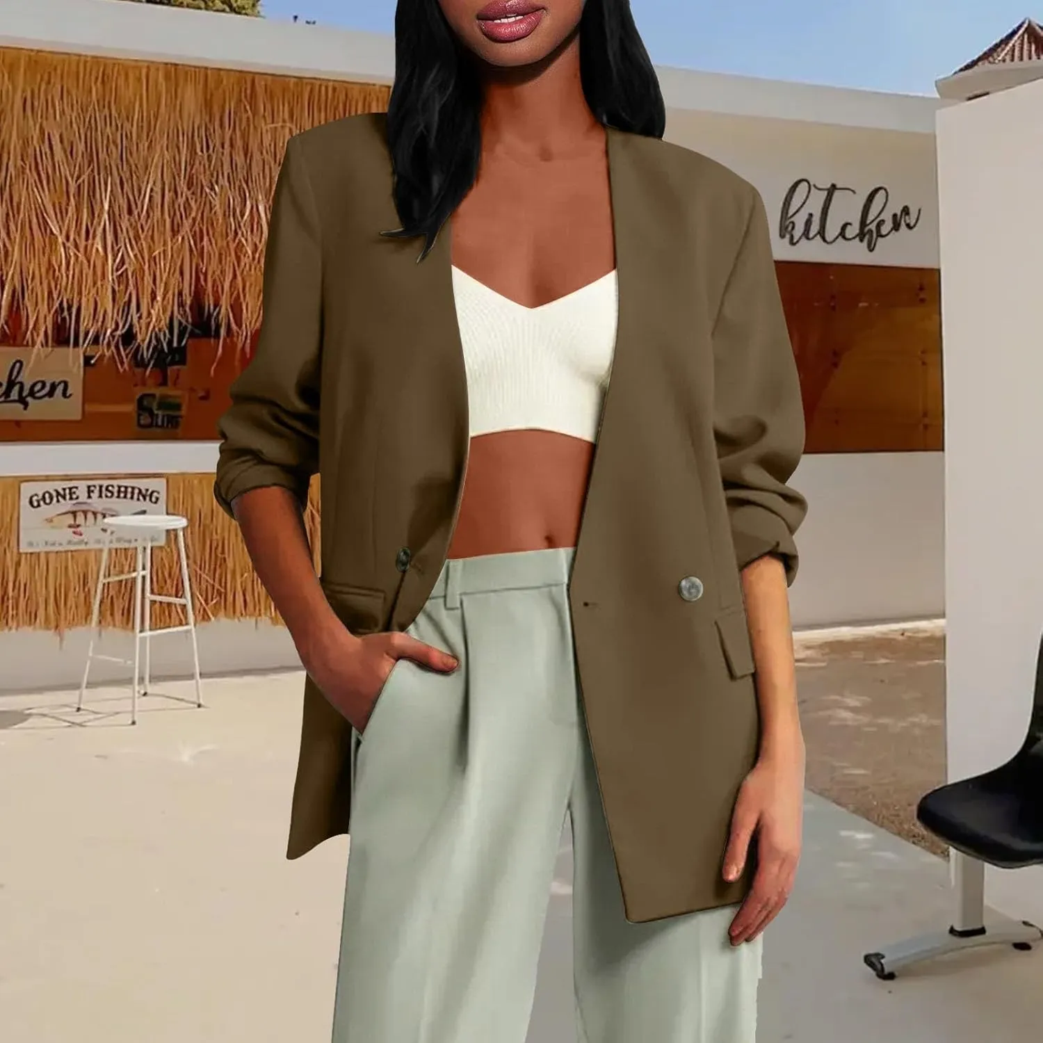 Women Blazers Fashion Dressy Office for Women Jackets Cropped Prtite Winter Cardigan Baggy Herringbone Cardigan