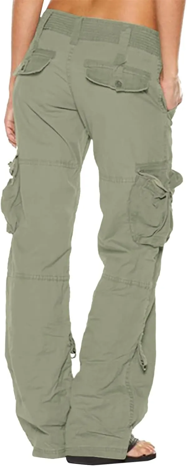 Women Cargo Pants Low Rise Tactical Pants Comfy Hiking Pants with Pockets Straight Leg Parachute Pants Long Trousers