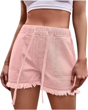 Women Casual Shorts Solid Color Elastic Waist Drawstring Pockets Hairy Denim Short Summer Dressy Going Out Clothes