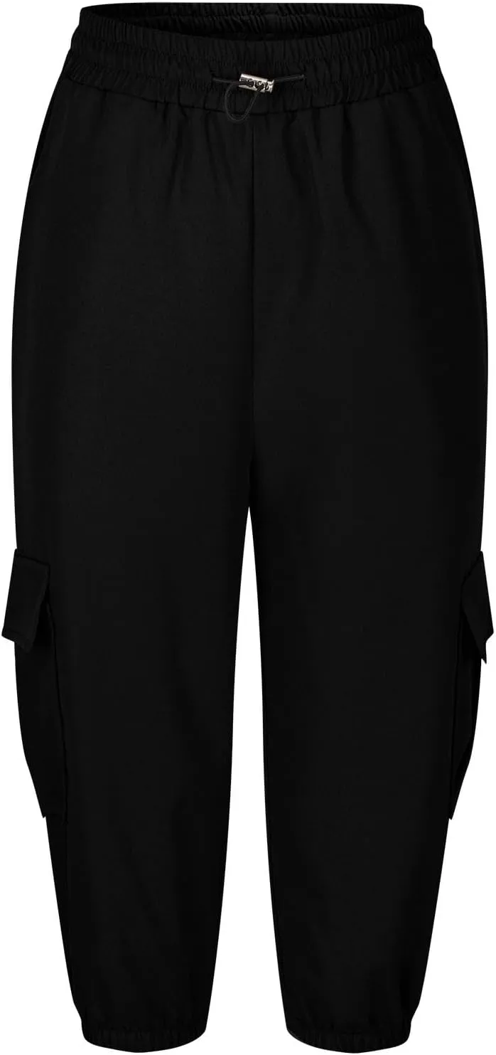 Women Cinch Bottom Cargo Shorts High Waisted Bermuda Shorts Summer Casual Baggy Twill Knee-Length Pants with Pockets