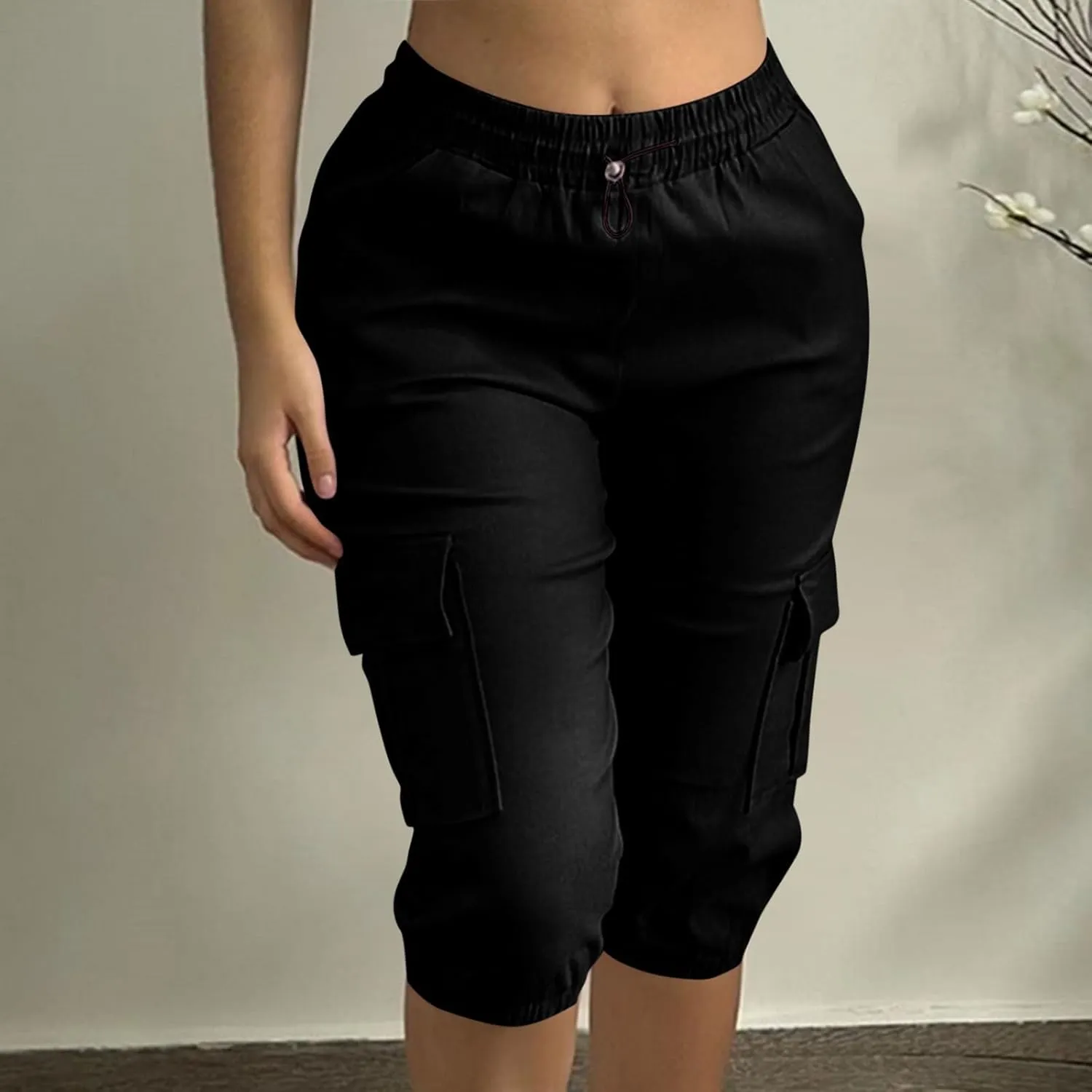 Women Cinch Bottom Cargo Shorts High Waisted Bermuda Shorts Summer Casual Baggy Twill Knee-Length Pants with Pockets