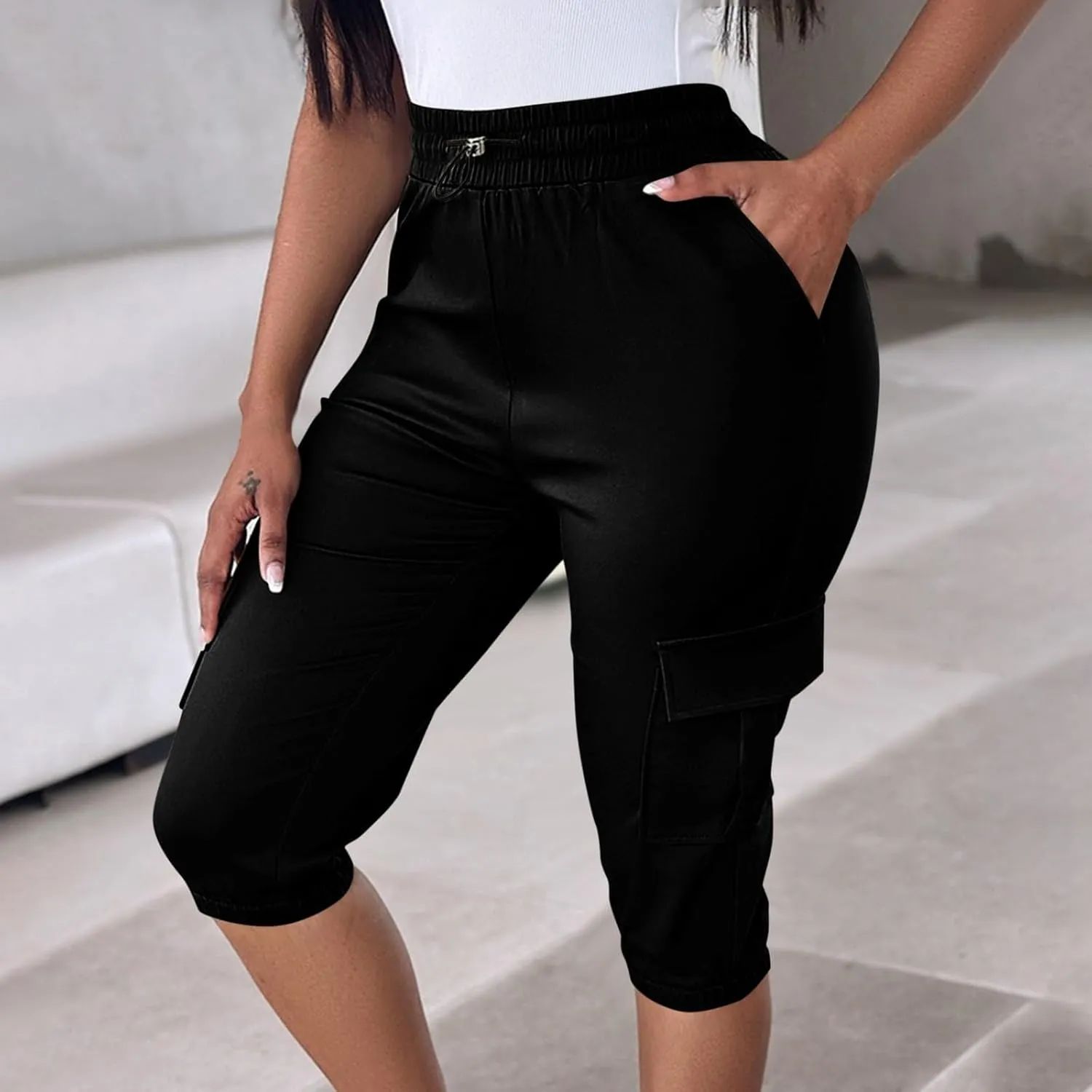 Women Cinch Bottom Cargo Shorts High Waisted Bermuda Shorts Summer Casual Baggy Twill Knee-Length Pants with Pockets