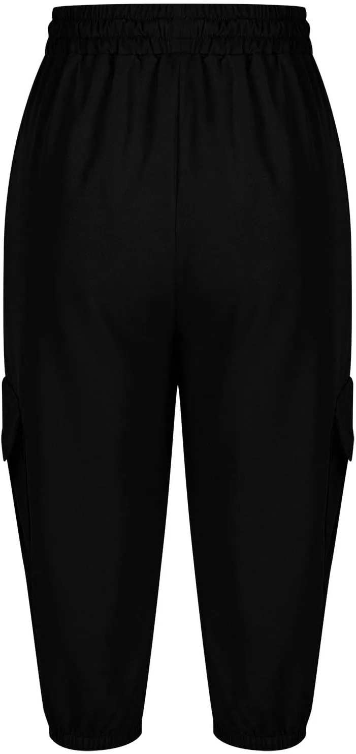 Women Cinch Bottom Cargo Shorts High Waisted Bermuda Shorts Summer Casual Baggy Twill Knee-Length Pants with Pockets