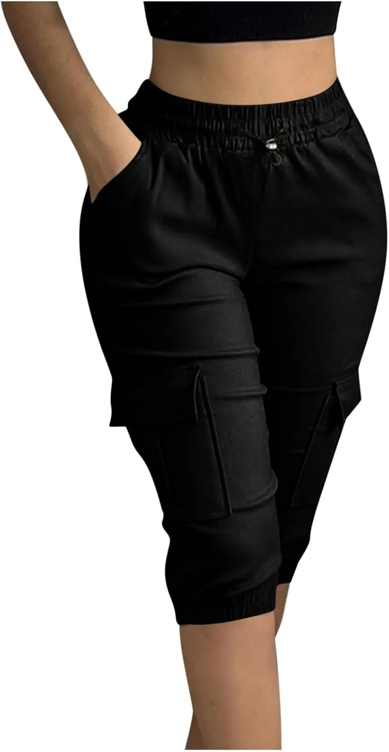 Women Cinch Bottom Cargo Shorts High Waisted Bermuda Shorts Summer Casual Baggy Twill Knee-Length Pants with Pockets