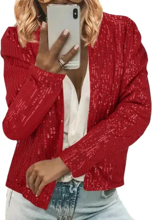 Women Cropped Sequin Jackets Stylish Sparkly Puff Long Sleeve Cardigan Plus Size Slim Glitter Party Open Front Coat